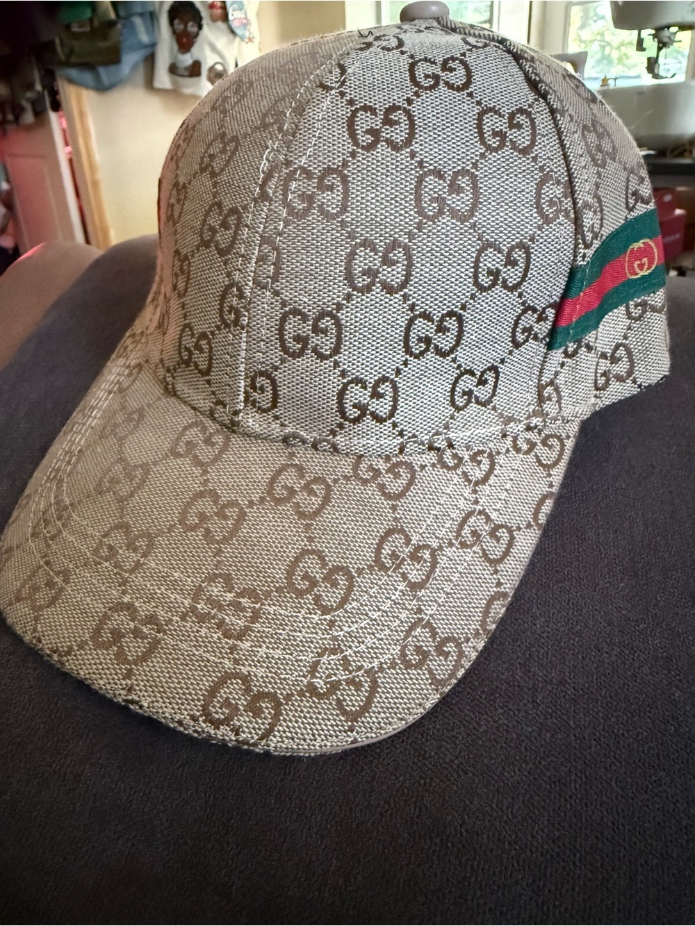 Beige Brown GG Monogram Cap with Green-Red Web Stripe
